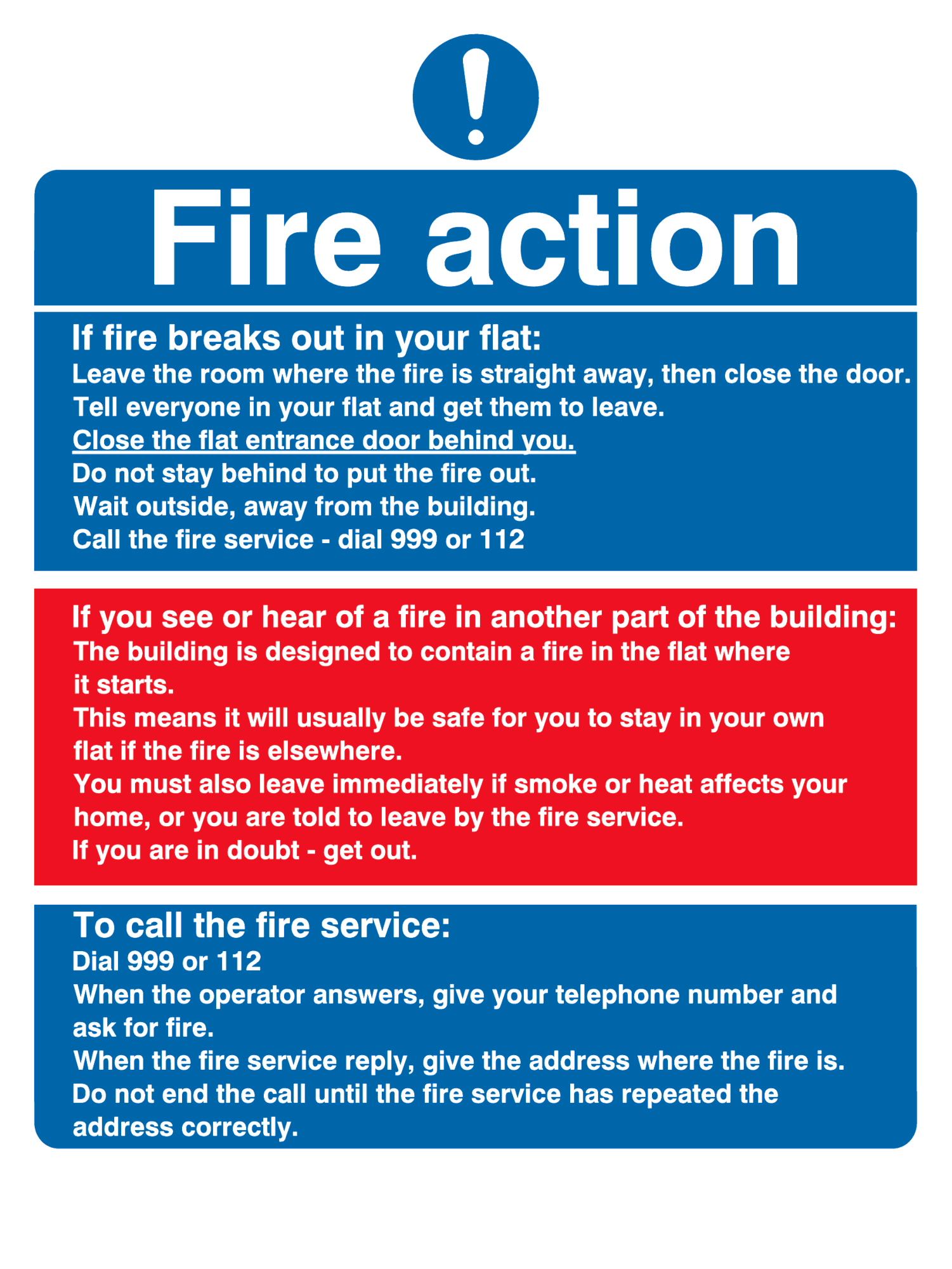 Fire action notice Stay Put message Sign