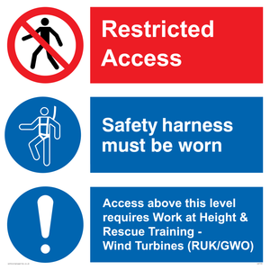 Restricted access. Safety harness must be worn. Access above this level
