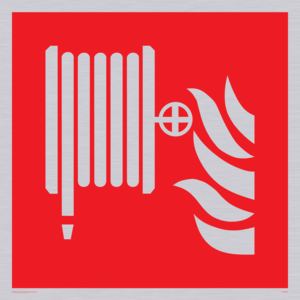 Fire hose reel and flames sign