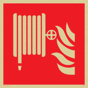 Fire hose reel and flames sign