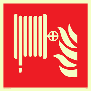 Fire hose reel and flames sign
