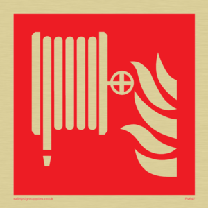 Fire hose reel and flames sign