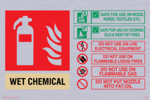 This extinguisher contains Wet Chemical instructions for use Sign