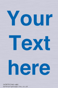 Custom blank information sign. Blue text on a plain background