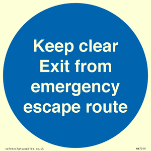 Keep clear Exit from emergency escape route