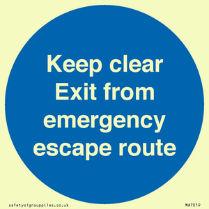 Keep clear Exit from emergency escape route
