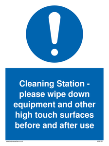 Cleaning Station - please wipe down equipment and other high touch surfaces before and after use