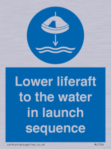 Lower liferaft to the water in launch sequence