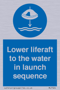 Lower liferaft to the water in launch sequence
