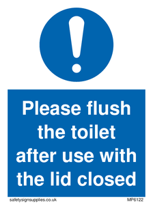 Please flush the toilet after use with the lid closed sign 