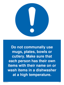Do not communally use mugs, plates, bowls sign 