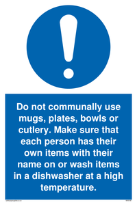 Do not communally use mugs, plates, bowls sign 