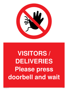 VISITORS / DELIVERIES Please press doorbell and wait sign 