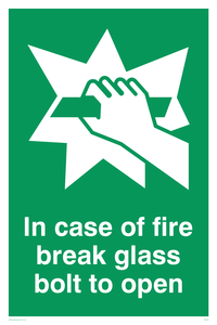 in case of fire break glass bolt to open