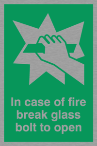 in case of fire break glass bolt to open