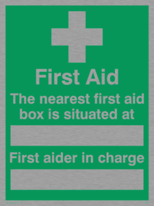 first aid the nearest first aid box is situated at (space) first aider in charge (space)