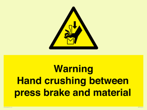 Warning Hand crushing between press brake and material