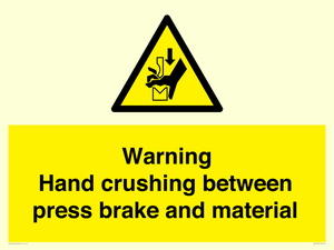 Warning Hand crushing between press brake and material