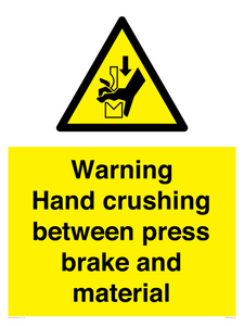 Warning Hand crushing between press brake and material