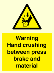 Warning Hand crushing between press brake and material