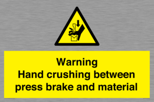 Warning Hand crushing between press brake and material