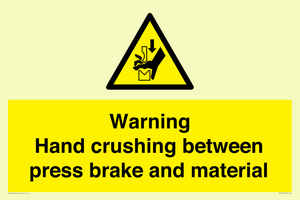 Warning Hand crushing between press brake and material