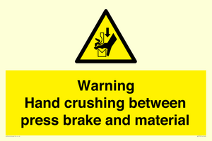 Warning Hand crushing between press brake and material