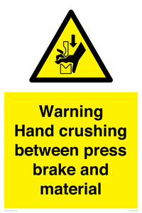 Warning Hand crushing between press brake and material