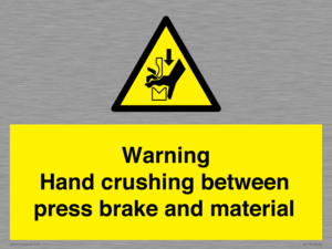 Warning Hand crushing between press brake and material