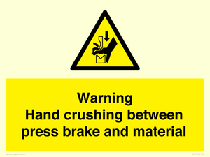 Warning Hand crushing between press brake and material