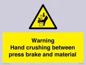 Warning Hand crushing between press brake and material