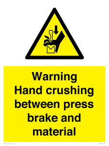Warning Hand crushing between press brake and material
