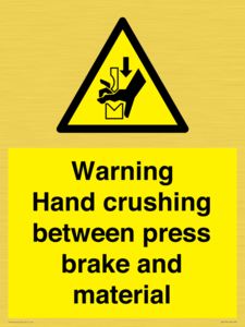 Warning Hand crushing between press brake and material