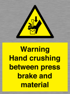 Warning Hand crushing between press brake and material