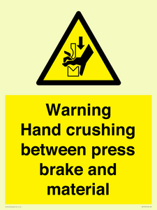Warning Hand crushing between press brake and material