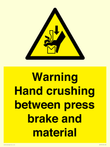 Warning Hand crushing between press brake and material