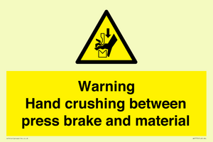 Warning Hand crushing between press brake and material