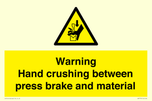 Warning Hand crushing between press brake and material