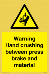 Warning Hand crushing between press brake and material