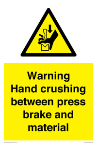 Warning Hand crushing between press brake and material