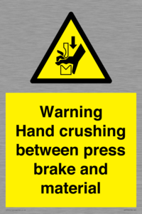 Warning Hand crushing between press brake and material