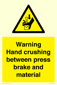 Warning Hand crushing between press brake and material
