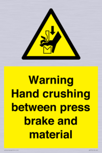 Warning Hand crushing between press brake and material