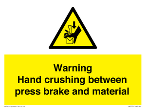 Warning Hand crushing between press brake and material