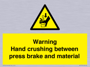 Warning Hand crushing between press brake and material