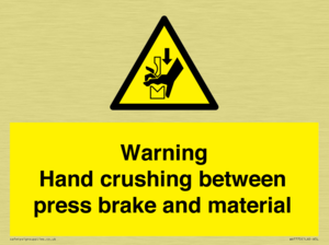 Warning Hand crushing between press brake and material