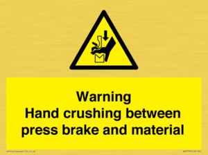 Warning Hand crushing between press brake and material
