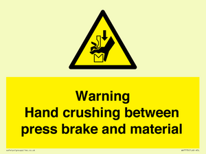 Warning Hand crushing between press brake and material