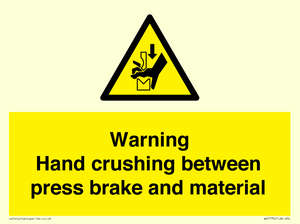 Warning Hand crushing between press brake and material