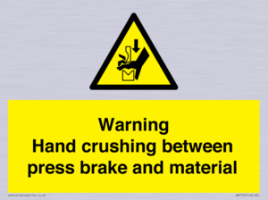 Warning Hand crushing between press brake and material